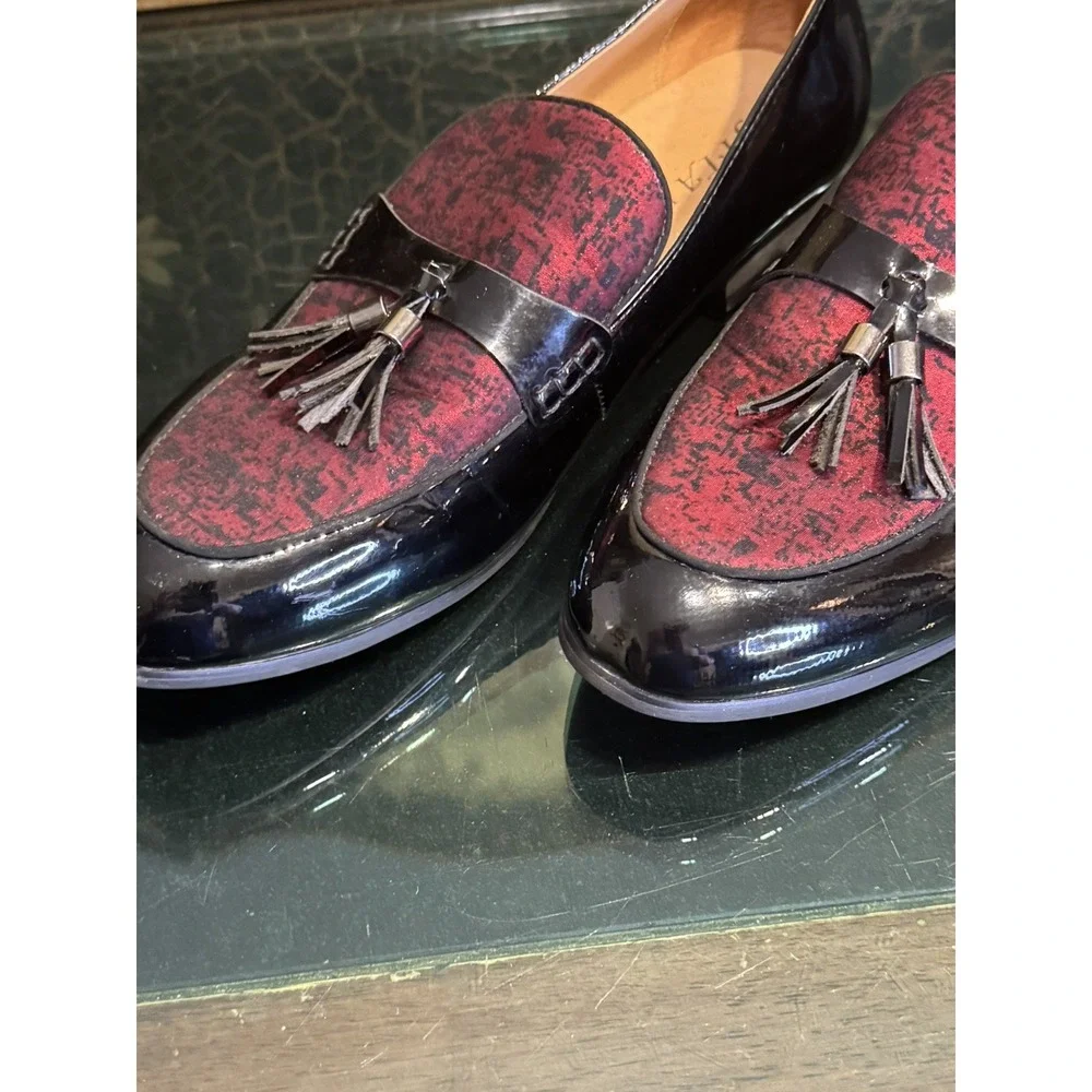 Jitai Mens 9 Black Red Shiny Faux Patent Leather Slide On Tassel Loafer Shoes